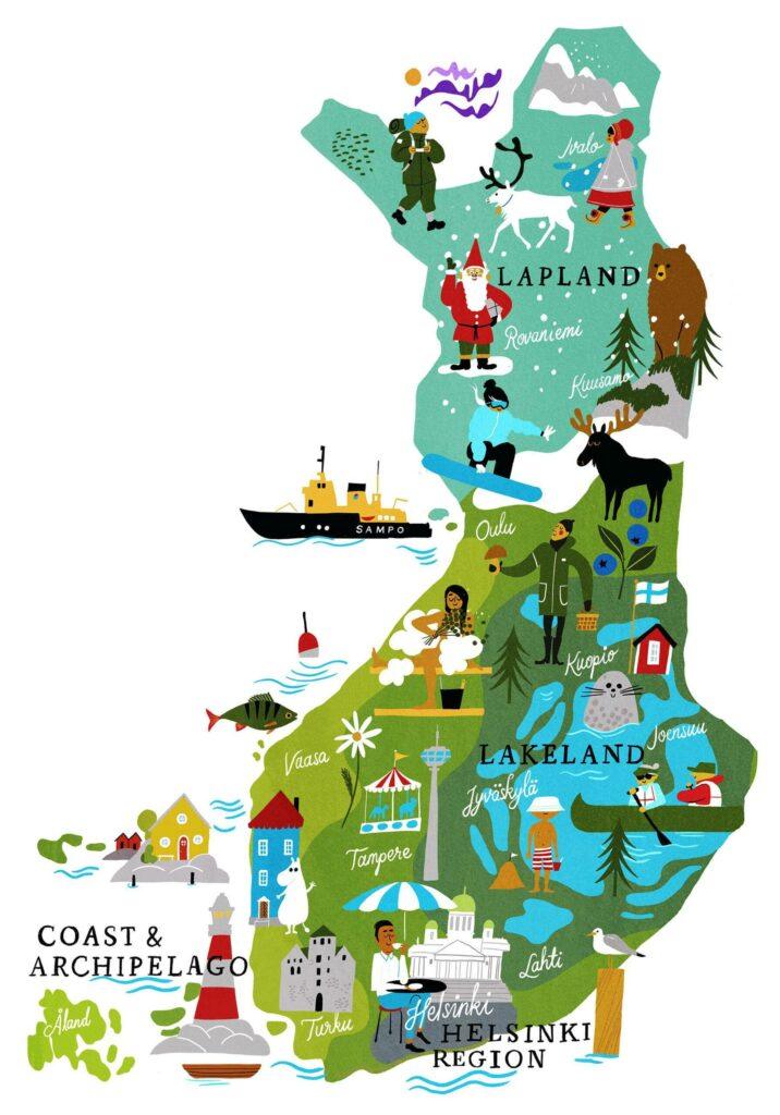 Mapa de Finlandia con Helsinki, Rovaniemi, Laponia y principales regiones del país